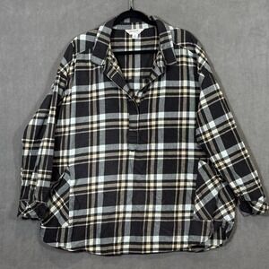 Women's Plaid Flannel Pullover Shirt Top 1/4 Button Cotton Side Pockets Cabin